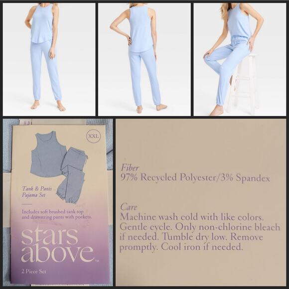 Stars Above Light Blue Pajama Set Tank Top Drawstring Pants Size XXL - Picture 4 of 9